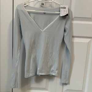 Brandy Melville Light Blue Long Sleeve V-Neck Tee with White Lace Trim